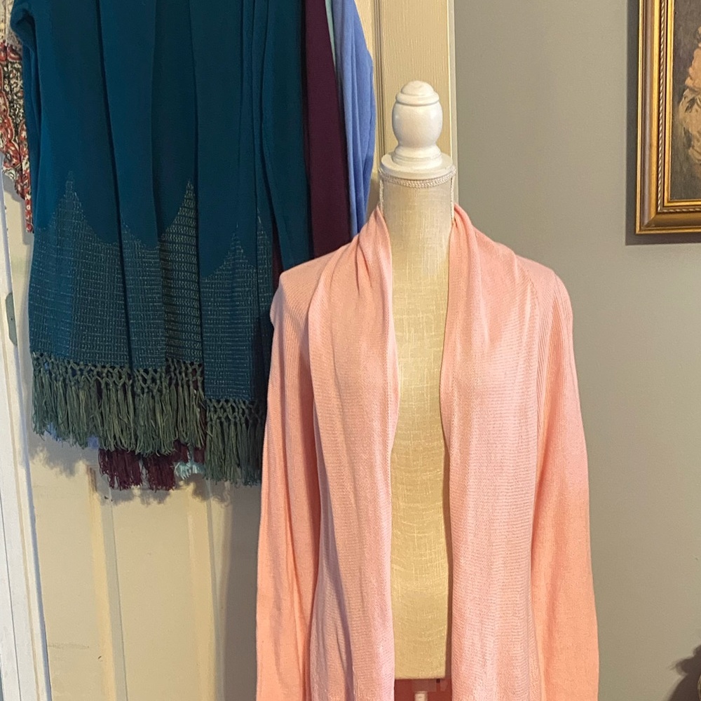 PRICE DROP Lilly Pulitzer Light Pink Fringe Hem Tunic-Length Open Cardigan,Large - Picture 2 of 5